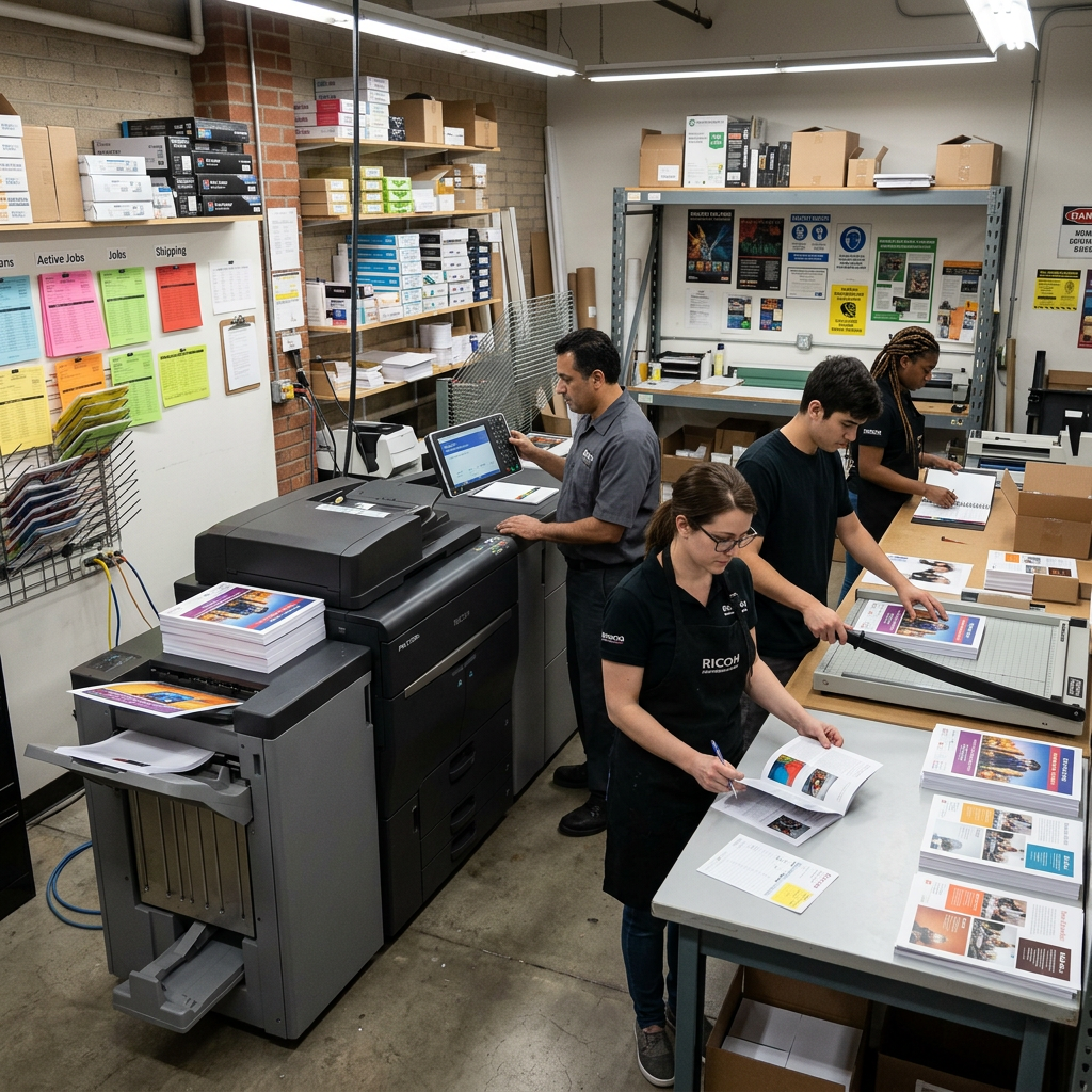 Four employees working in a print shop handling printed booklets and operating printing equipment