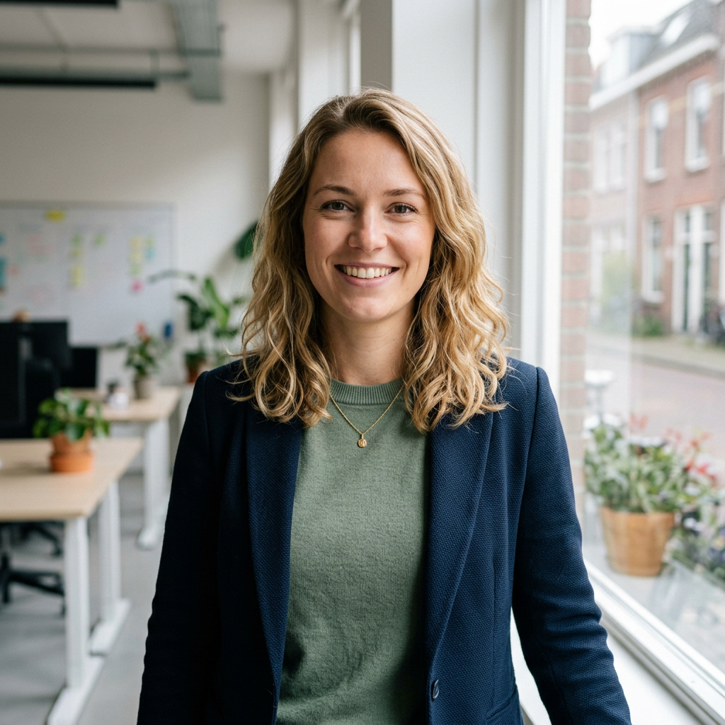 Smiling woman with blonde curly hair wearing a blazer and green top in an office
