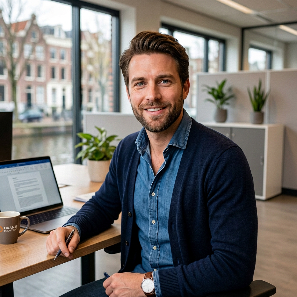 Man sitting at office desk with laptop and coffee mug, smiling at camera