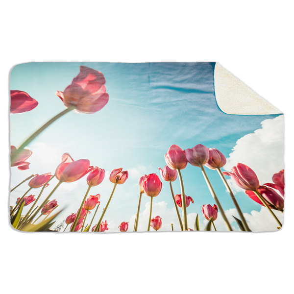 Fleecedeken Tulpen in blauwe lucht, 96x146cm, Polyester Sherpa