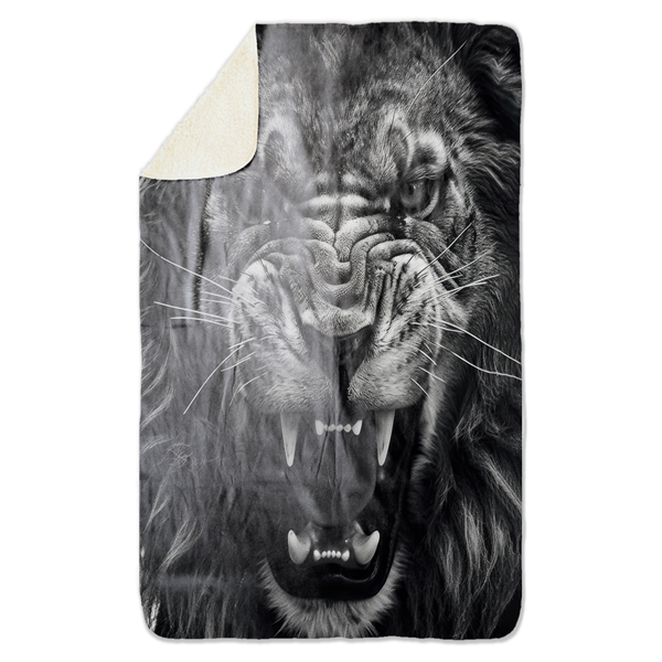 Fleecedeken Brullende leeuw zwart/wit, FD2023211, 96x146cm, Polyester Sherpa