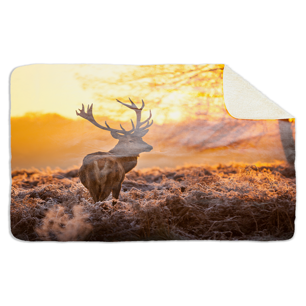 Fleecedeken Hert bij zonsondergang, FD2023217, 96x146cm, Polyester Sherpa